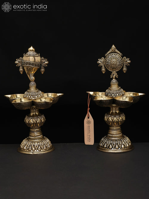 8" Handmade Brass Conch and Chakra Multi Wick Lamps for Puja