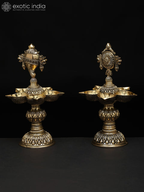 8" Pair of Superfine Multi Wicks Conch and Chakra Lamps for Puja | Handmade | Made In India