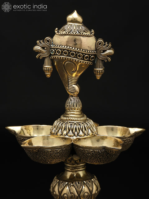 8" Pair of Superfine Multi Wicks Conch and Chakra Lamps for Puja | Handmade | Made In India