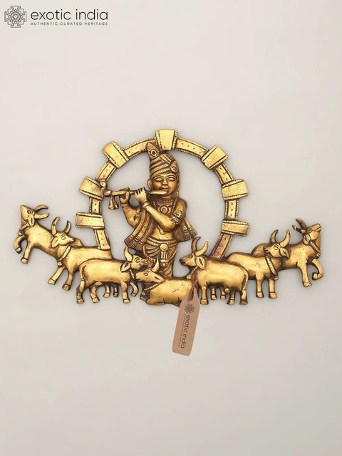 11" Fluting Lord Krishna with Cows | Wall Hanging Brass Statue