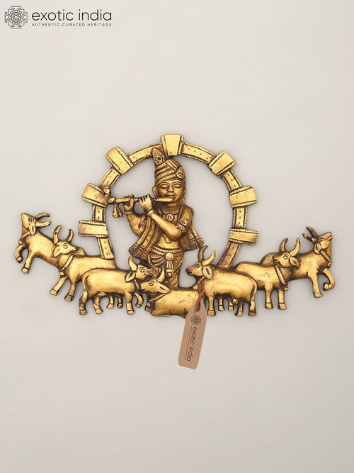 11" Lord Krishna Playing Flute with Cows Brass Wall Hanging Statue