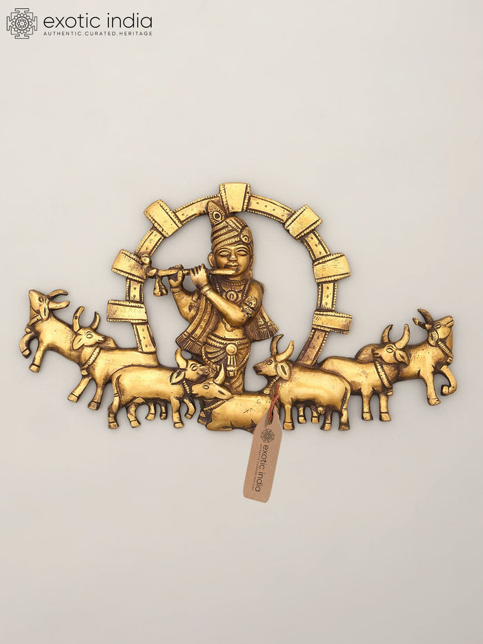11" Lord Krishna Playing Flute with Cows Brass Wall Hanging Statue