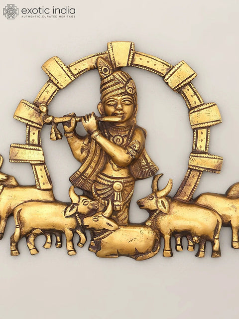 11" Fluting Lord Krishna with Cows | Wall Hanging Brass Statue
