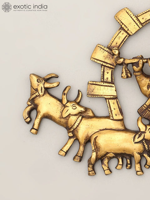 11" Fluting Lord Krishna with Cows | Wall Hanging Brass Statue