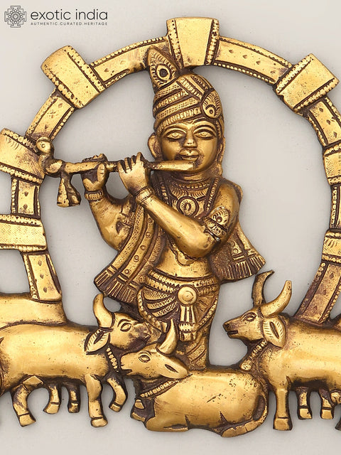 11" Fluting Lord Krishna with Cows | Wall Hanging Brass Statue
