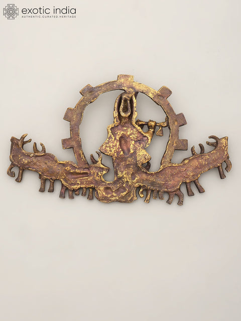 11" Fluting Lord Krishna with Cows | Wall Hanging Brass Statue