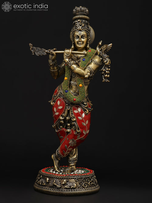 14" Tribhanga Krishna Playing Flute Brass Statue with Inlay Work