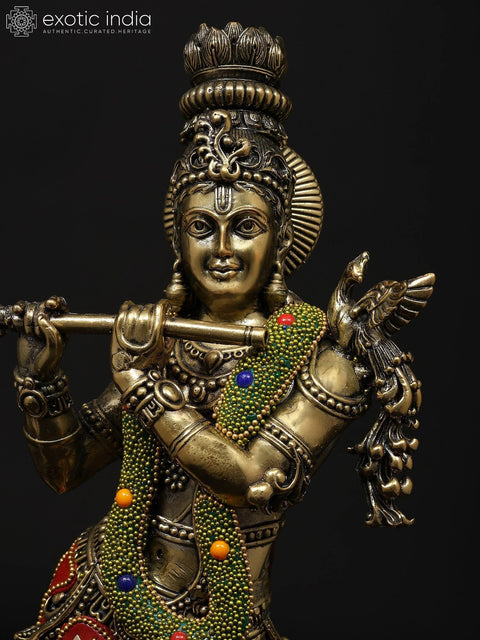 14" Superfine Tribhanga Murari Krishna Playing Flute | Brass Statue with Inlay Work