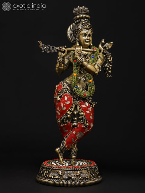 14" Superfine Tribhanga Murari Krishna Playing Flute | Brass Statue with Inlay Work