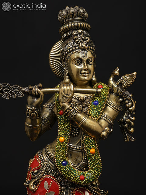 14" Superfine Tribhanga Murari Krishna Playing Flute | Brass Statue with Inlay Work