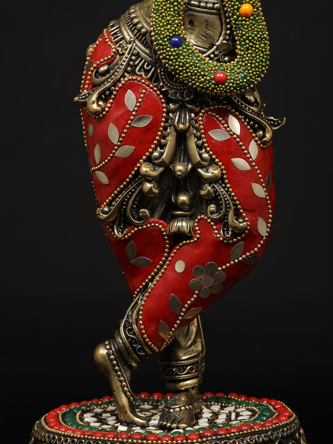 14" Superfine Tribhanga Murari Krishna Playing Flute | Brass Statue with Inlay Work