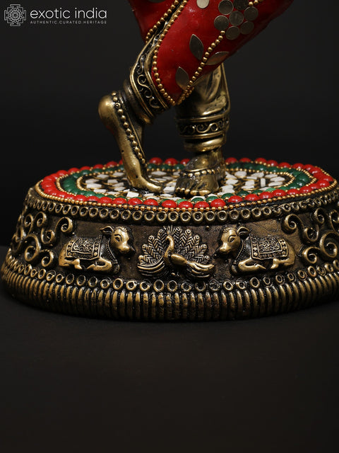 14" Superfine Tribhanga Murari Krishna Playing Flute | Brass Statue with Inlay Work