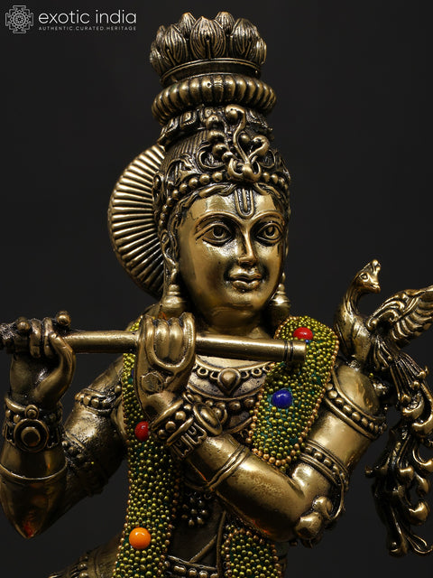 14" Superfine Tribhanga Murari Krishna Playing Flute | Brass Statue with Inlay Work
