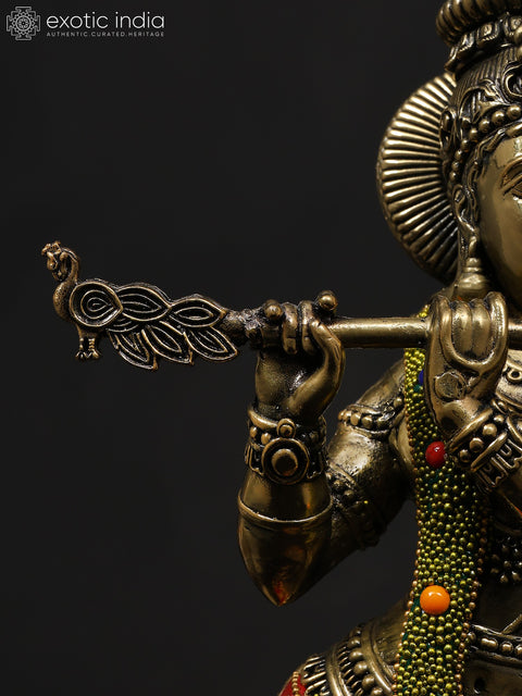 14" Superfine Tribhanga Murari Krishna Playing Flute | Brass Statue with Inlay Work