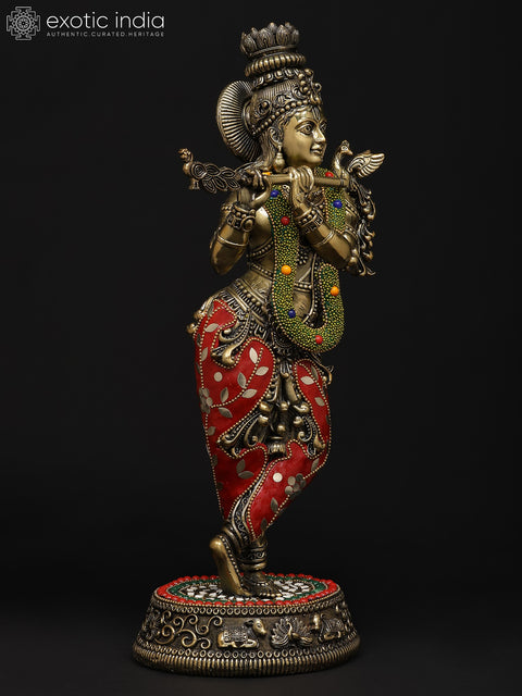 14" Superfine Tribhanga Murari Krishna Playing Flute | Brass Statue with Inlay Work