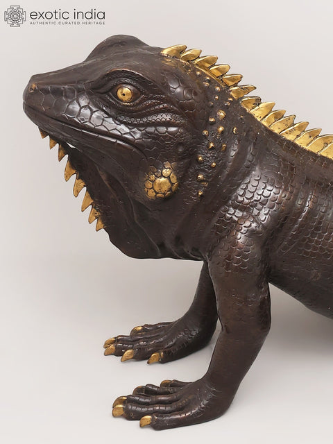 41" Life-Size Golden-Spiked Brass Iguana Sculpture - Realistic Reptile Art | Home Decor