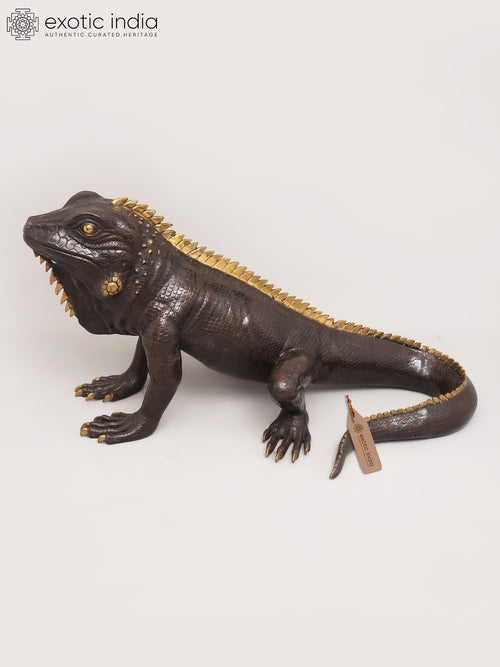 41" Brass Iguana Sculpture with Golden Spikes - Realistic Home Decor