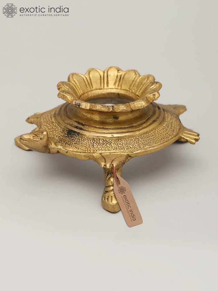 4" Small Brass Tortoise Conch Stand with Lotus Carvings