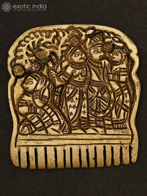 2" Small Brass Decorative Comb with Radha Krishna and Gopis