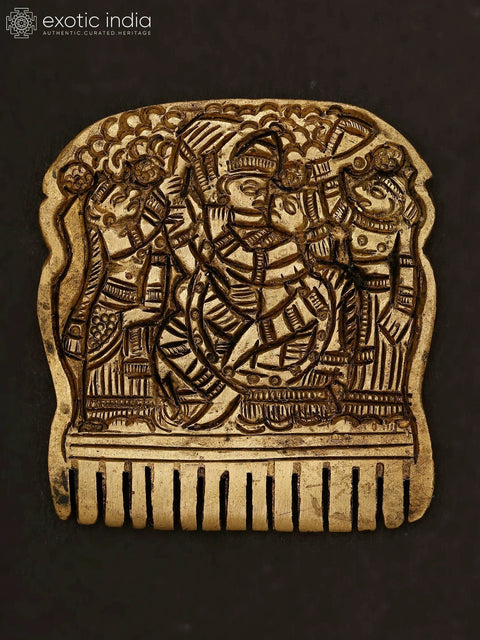 2" Small Brass Decorative Comb with Radha Krishna and Gopis