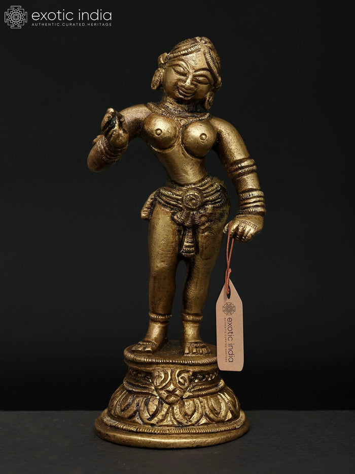 5" Brass Apsara Standing on Pedestal Statue for Home Décor