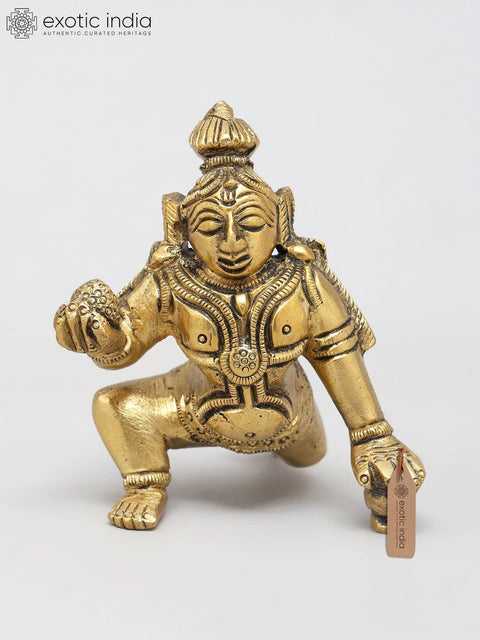 2" Little Krishna Holding Laddu in Hand | Brass Sculpture