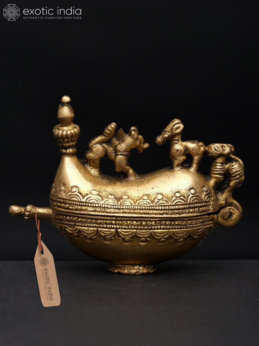 3" Small Boat-Shaped Brass Sindoor Box for Pooja