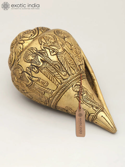 6" Brass Ritual Shankh with Deity Engravings | Brass Conch