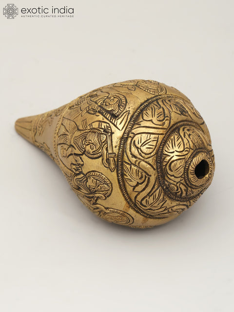 6" Brass Ritual Shankh with Deity Engravings | Brass Conch