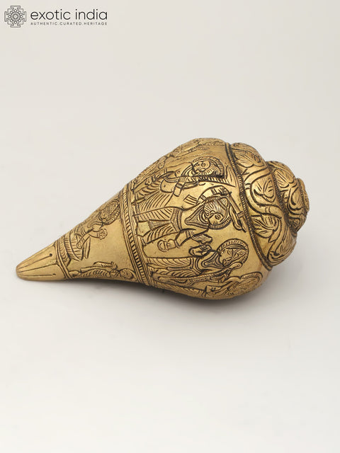 6" Brass Ritual Shankh with Deity Engravings | Brass Conch