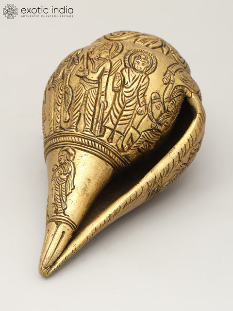 6" Brass Ritual Shankh with Deity Engravings | Brass Conch