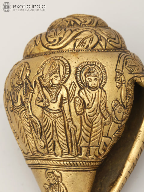 6" Brass Ritual Shankh with Deity Engravings | Brass Conch