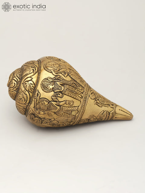 6" Brass Ritual Shankh with Deity Engravings | Brass Conch