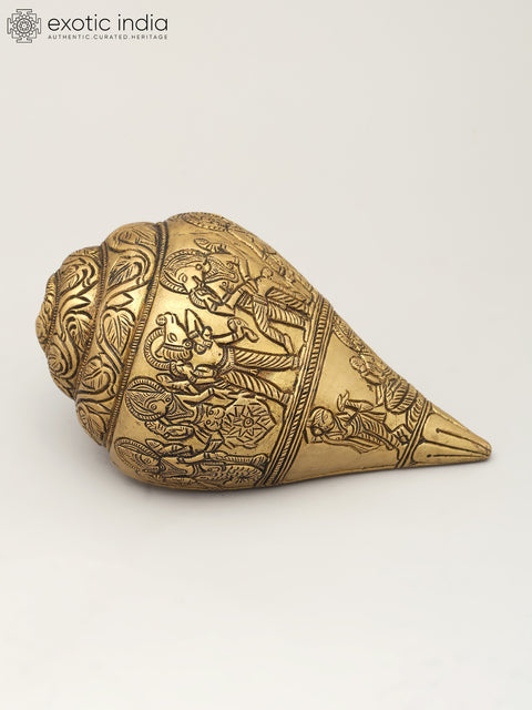 6" Brass Ritual Shankh with Deity Engravings | Brass Conch