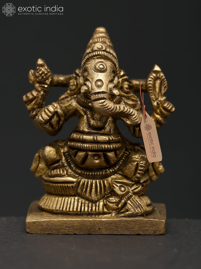 1" Small Seated Chaturbhuja Ganesha Brass Idol for Pooja