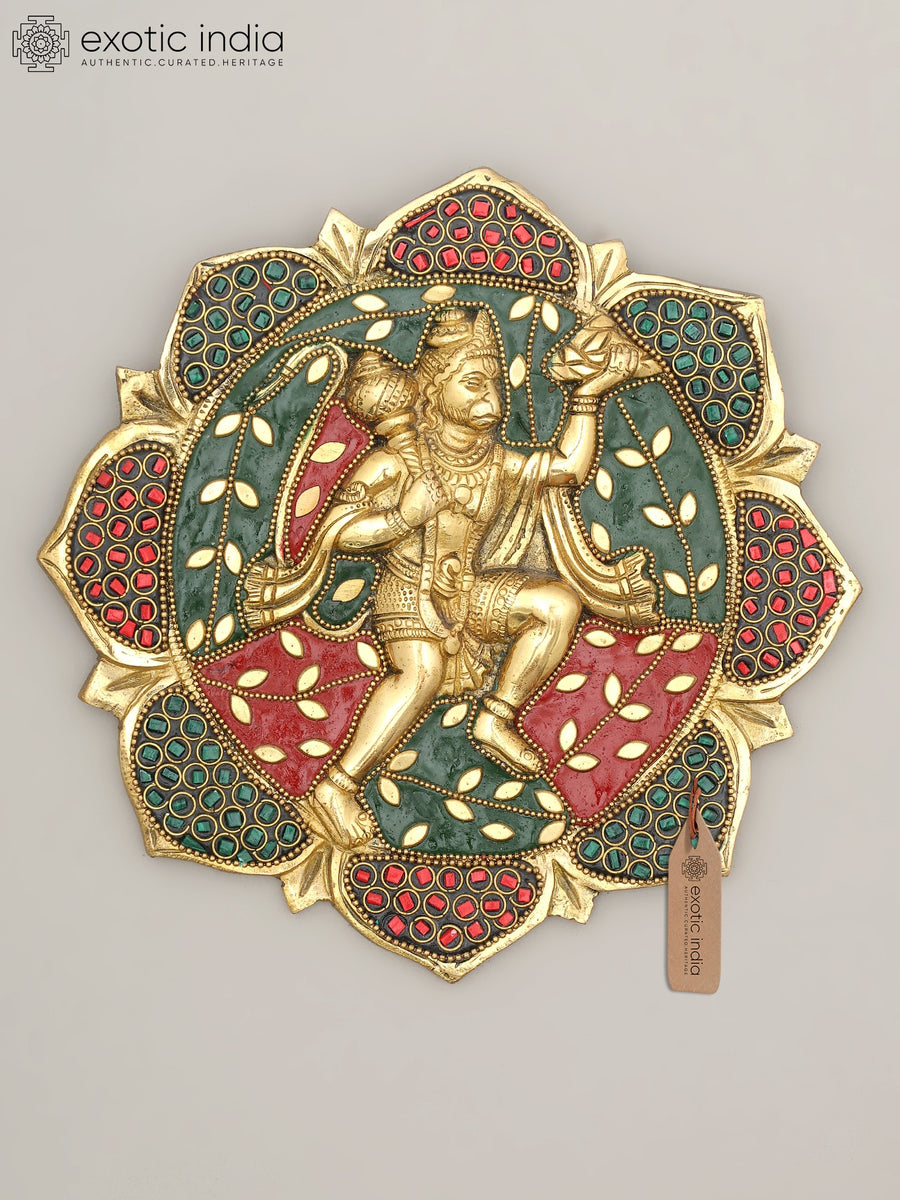 7" Sanjivani Hanuman Brass Wall Hanging with Inlay Work