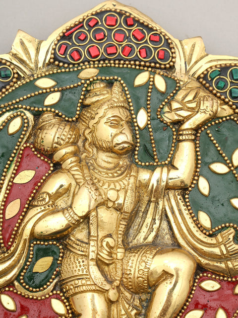 7" Sanjivani Hanuman | Wall Hanging | Brass Statue with Inlay Work