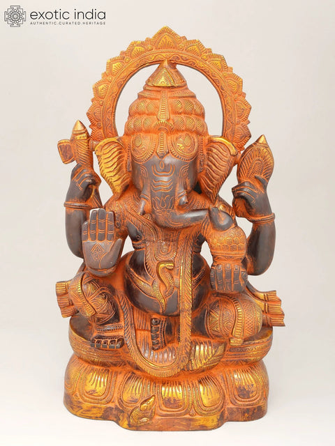 19" Black and Golden Toned Blessing Lord Ganesha | Brass Statue