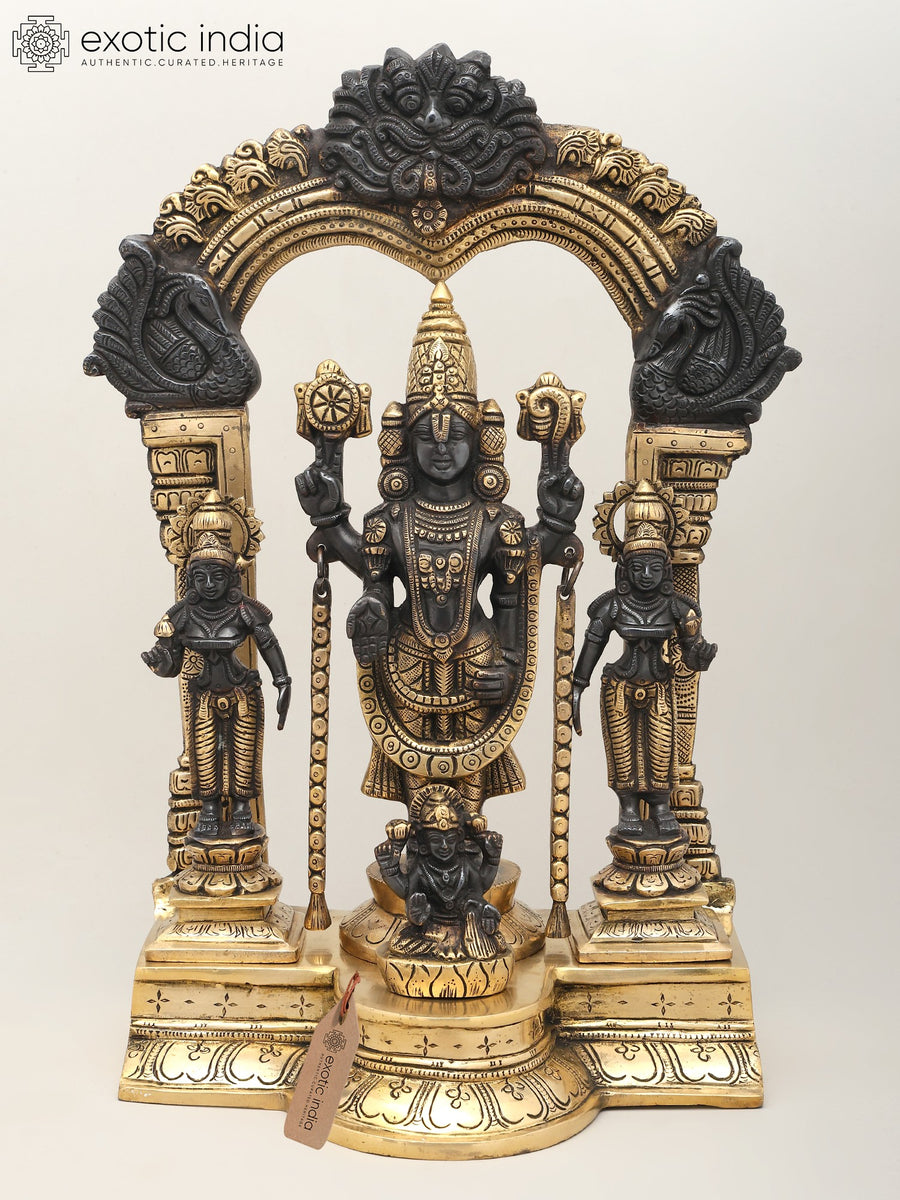 15" Brass Tirupati Balaji with Lakshmi on Kirtimukha Throne Statue