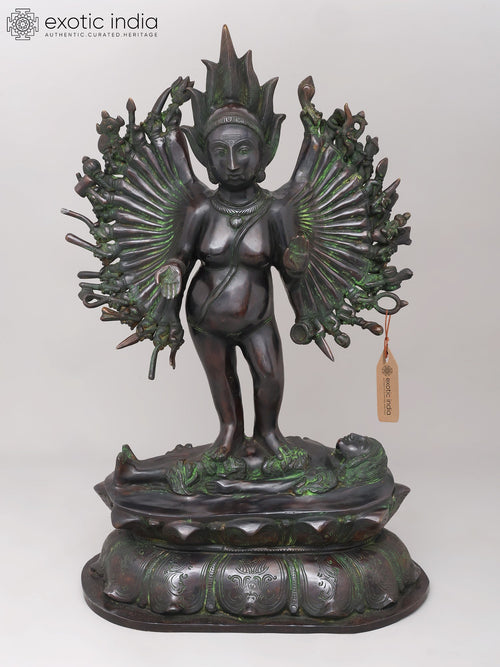 29" Eighteen Armed Mahakali Brass Statue Standing on Shiva