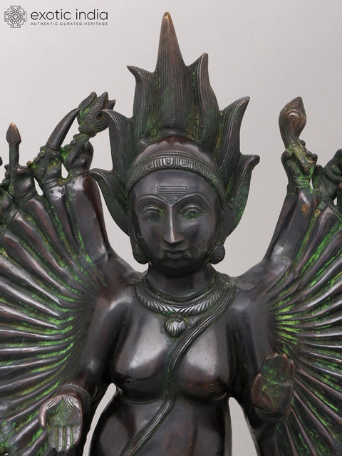 29" Eighteen Armed Goddess Mahakali Standing on Lord Shiva | Brass Statue