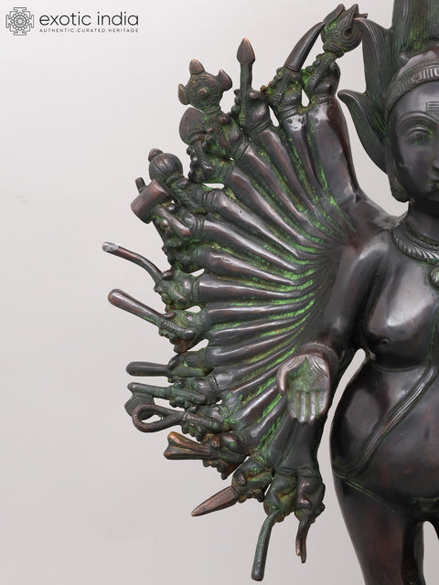 29" Eighteen Armed Goddess Mahakali Standing on Lord Shiva | Brass Statue