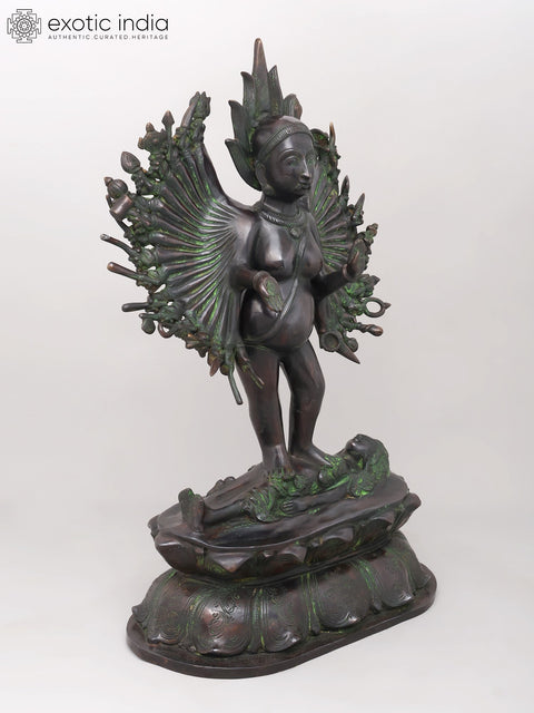 29" Eighteen Armed Goddess Mahakali Standing on Lord Shiva | Brass Statue
