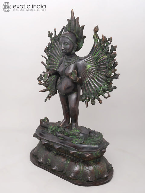 29" Eighteen Armed Goddess Mahakali Standing on Lord Shiva | Brass Statue