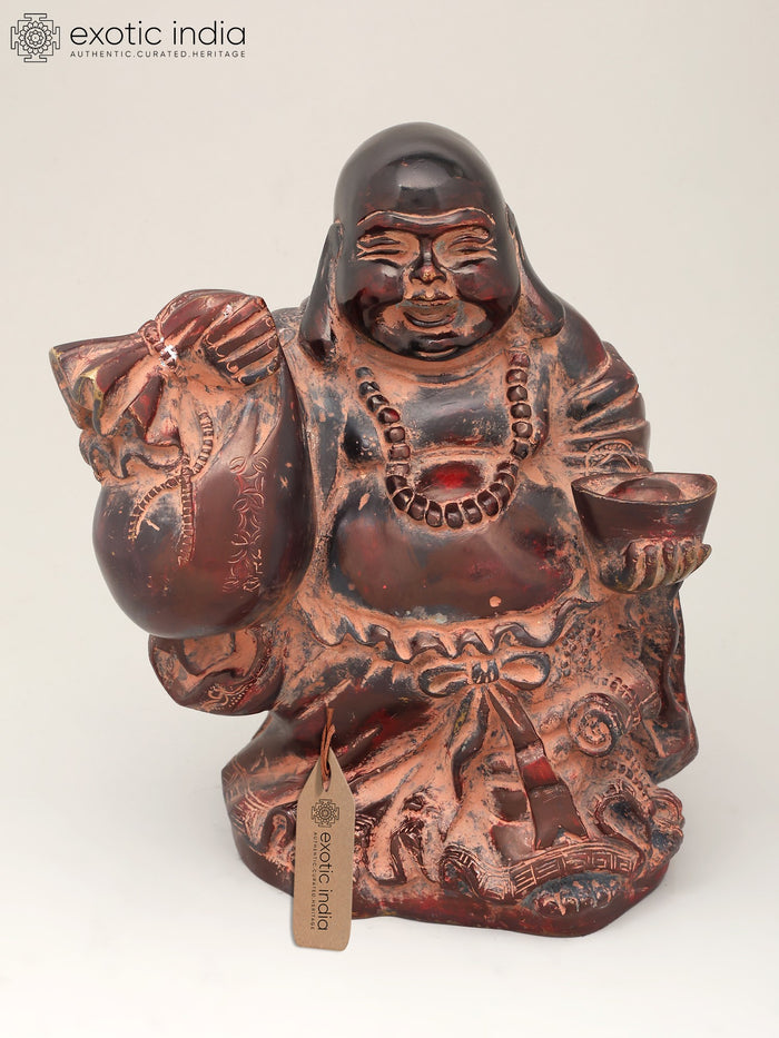 10" Laughing Buddha Brass Statue with Wealth Bag for Prosperity