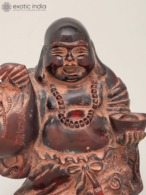 10" Laughing Buddha with Wealth Bag and Bowl - Symbol of Prosperity & Good Luck | Brass Statue