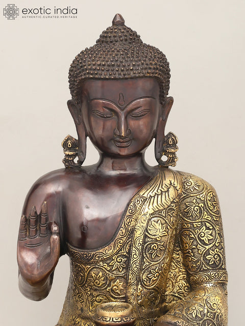 17" Lord Buddha Seated in Vitark Mudra with Floral Carving on Robe | Brass Statue