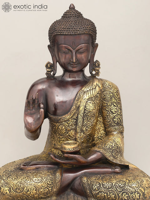 17" Lord Buddha Seated in Vitark Mudra with Floral Carving on Robe | Brass Statue
