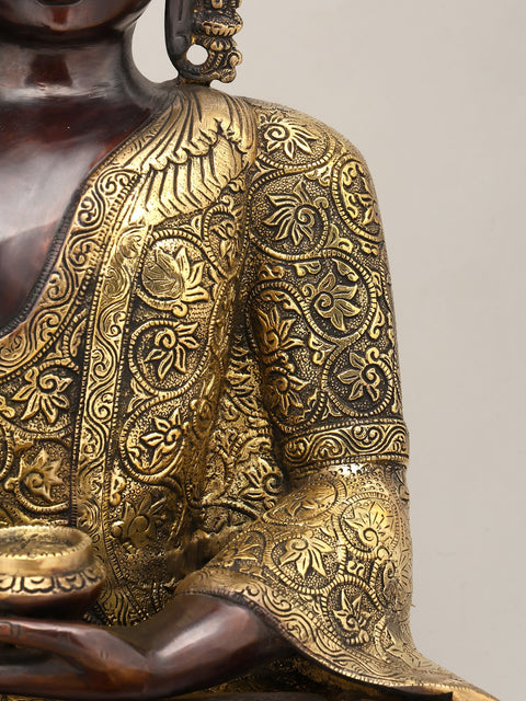 17" Lord Buddha Seated in Vitark Mudra with Floral Carving on Robe | Brass Statue