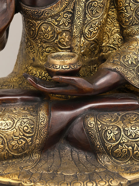 17" Lord Buddha Seated in Vitark Mudra with Floral Carving on Robe | Brass Statue